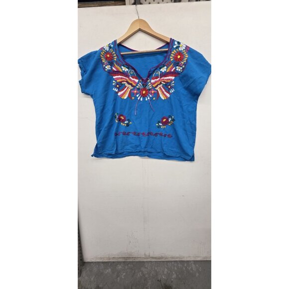 Mexican Bird embroidered handmade blouse Blue Flowers Frida Khalo Style LG - Picture 7 of 7